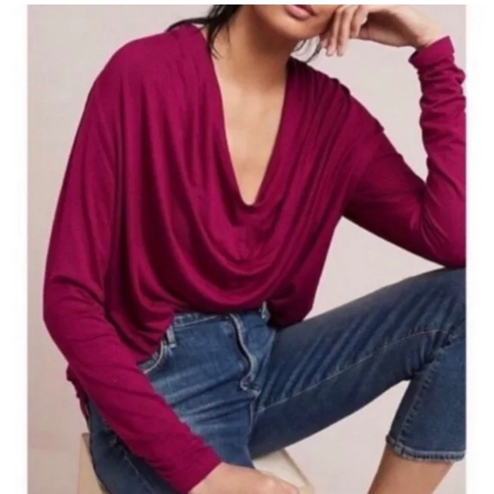 Maeve Magenta Drape Neck Long Sleeve‎ Top Size Small